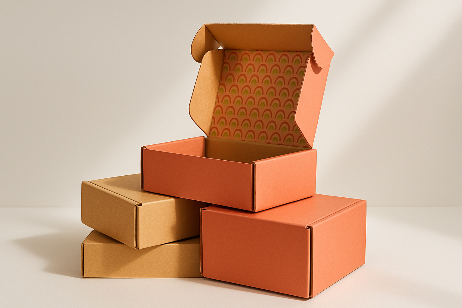 A pile of custom-printed mailer boxes arranged for an unboxing photo