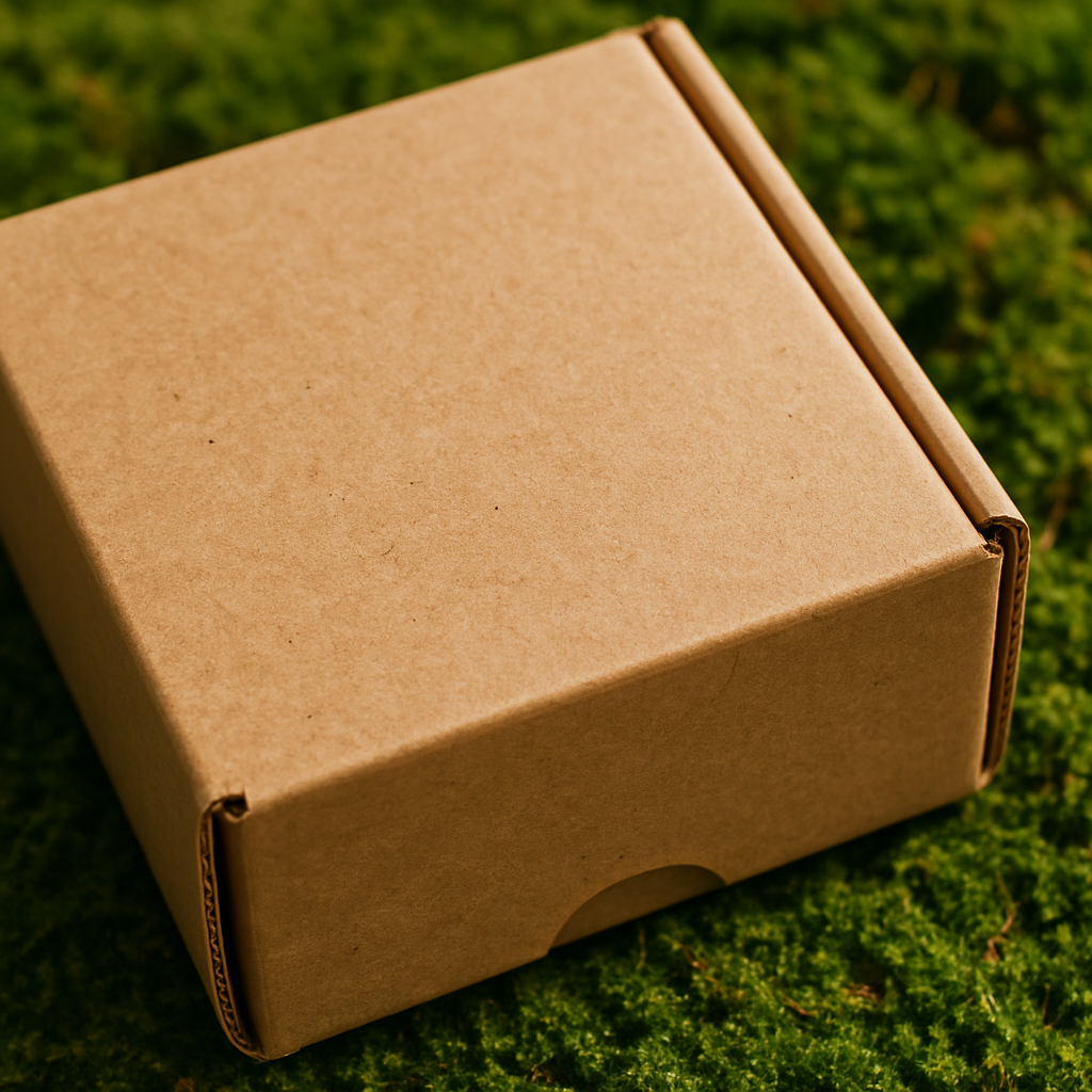 Recycled kraft corrugated box with a green FSC certification stamp
