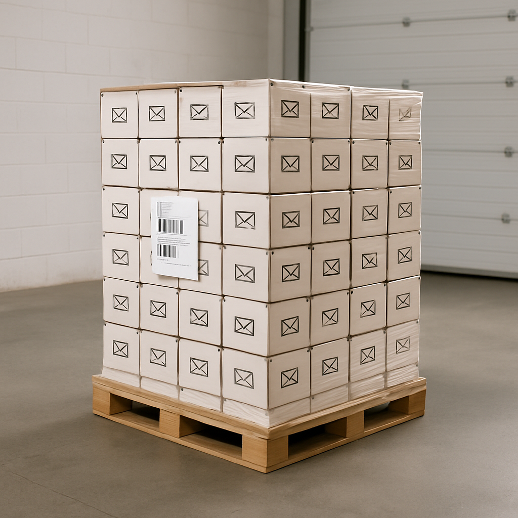 Pallet of branded mailer boxes wrapped and labelled for shipment